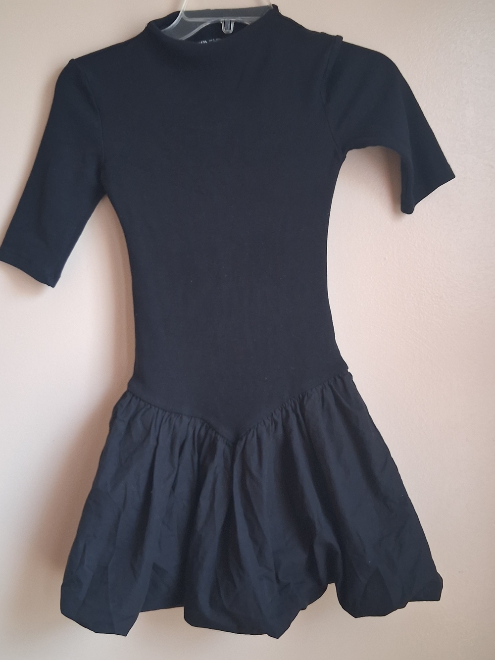 Zara Black Ribbed Mock Neck Bubble Hem Mini Dress Elbow Sleeve Small